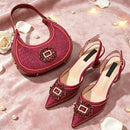 Italian Inspired Rhinestone HAND CRAFTED UPPER Pointed Toe Women High Heels Shoes and Bag Set