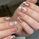 Luxury Gold Metal Line Flower Star Almond False Nails Moon Rhinestone Punk Nail Art Press on Nails