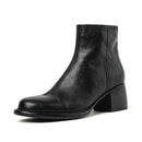 Leather Women Ankle Boots Spring Autumn Heeled Boots Retro Ladies Round Toe Black Zipper Boots