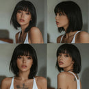 Four different views of a woman with short black hair and tattoos, wearing a white tank top, Obroi