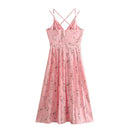 Elegant Women Double Straps Floral Dress Chic Slit Hem Pleats Female Summer Dress Holiday