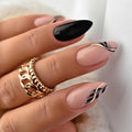 Simple Stick on Nails Colorful Lines with Golden Steel Beads Fake Nails for Women Wearable Almond False Nails Tools