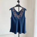 Women Silk Embroidered Satin Set sleeveless tops high waist elastic waist shorts