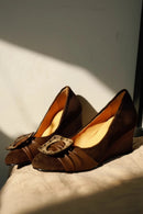 Brown Satin Wedges Pumps for Women Round-toe Pleated Designer Shoes