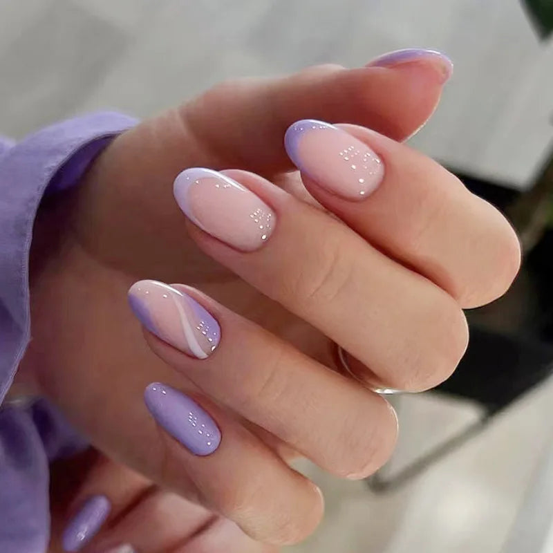 24Pcs Wave Pattern Designs Nails Tips Art Short Oval Sweet Simple Stripe Reusable Nail Stickers Full Cover Press Ons