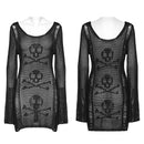 Women Punk Skull Design Weaving Structure Knit Dress Decadent Long Sleeves Short Dresses
