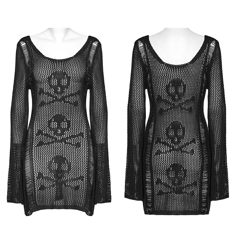 Women Punk Skull Design Weaving Structure Knit Dress Decadent Long Sleeves Short Dresses