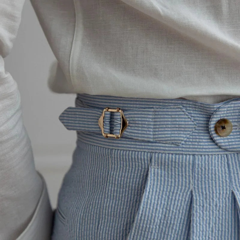 Striped Men Suit Pants Spring Summer Thin Italian Straight Casual Trousers Blue Trousers