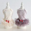 Two children's dresses on mannequins with polka dot patterns and tutu skirts against a white background, Obroi