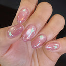 24Pcs Summer Peachy Pink Nail Tips with Star Design Short Round Head Press on Nails Cute Almond Wearable False Nails
