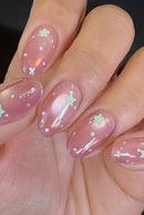 24Pcs Summer Peachy Pink Nail Tips with Star Design Short Round Head Press on Nails Cute Almond Wearable False Nails