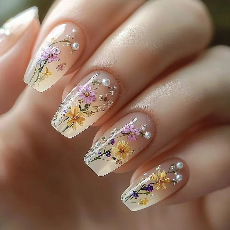 24pcs Wearable False Nails Art Glitter Flower Design Press on Nails Sets Short Ballet Fake Nail Simple Manicure Tips Finished