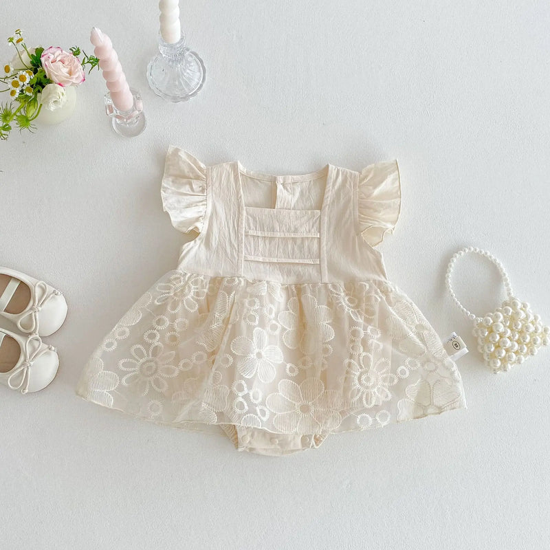 Summer Bodysuit Dress for Baby Girls 0-2Y Cute Embroidered Flowers Infant Onesie Toddler