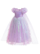 Elegant girl violet shiny tulle princess dress with puff sleeves