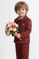 Red plaid children's suit with vest and pants, displayed on a white background, Obroi