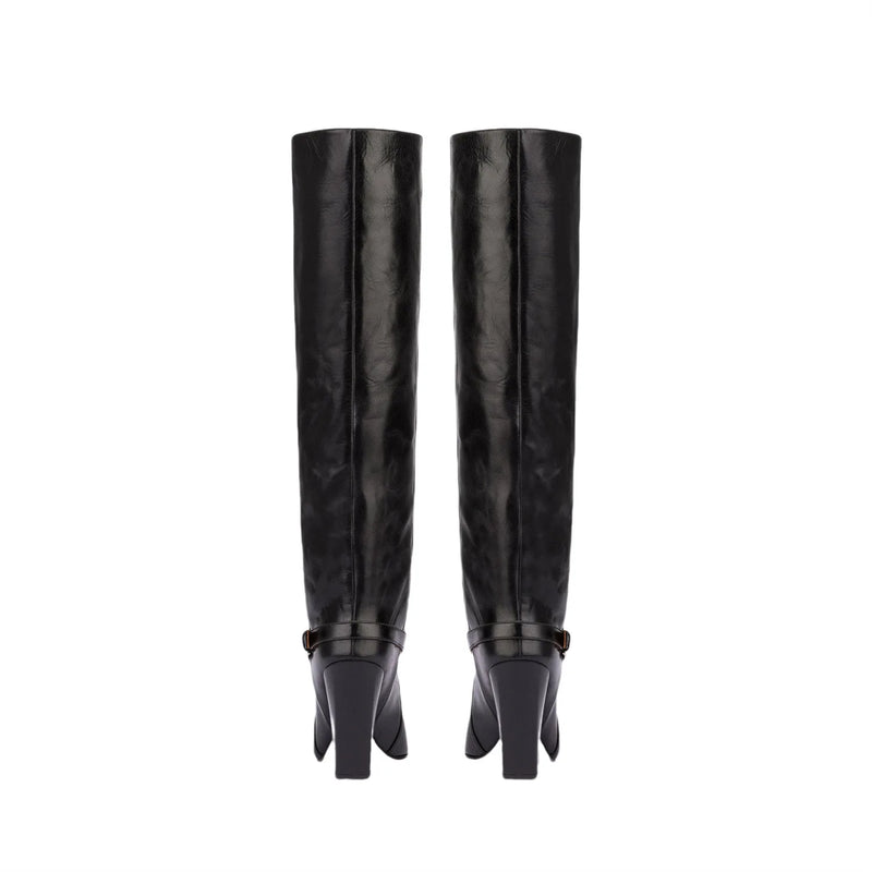 Autumn and Winter Long Boots with Square Toe Thick Heel One Foot Belt Buckle Knee High Boots