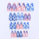 Almond fake nails blue heart flowers speckled pattern