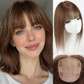 Brown shoulder-length wig with straight bangs, shown on a woman's face, on a white mannequin head, and from the underside showing the attachment clips, Obroi