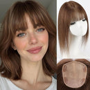 Brown shoulder-length wig with straight bangs, shown on a woman's face, on a white mannequin head, and from the underside showing the attachment clips, Obroi