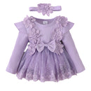 Infant Baby Girls Rompers Dress Flower Embroidery Tulle Rib Knit Bodysuit with Headband Toddler Kid Fall Winter