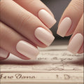 Close-up of hands with light pink nail polish on an old document background, Obroi