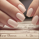Close-up of hands with light pink nail polish on an old document background, Obroi