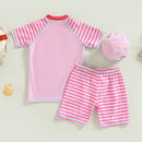 Kids Girls Swimsuit Short Sleeve Cartoon Horse T-shirt with Striped Shorts and Swimming Hat Children Bathing Suit
