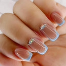 Blue Side False Nails Wearable Rhinestone Design  Nails Short Nail Tips Press On Nails