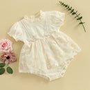 Summer Infant Baby Girl Princess Bodysuit Dress Short Puff Sleeve Bow Lace Jumpsuit Clothes