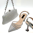 Women's Crystal Square Button Pointed High Heels Water Diamond Shiny Sandal Bag Set