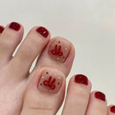 24pcs Red Bowknots Press On Toenails Five-pointed Star Diamond Decor False Toenail Spicy Girl Wearable