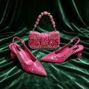Slingback Heels Matching Clutch Bag Set Women Luxury Crystal Pointed Shoes for Wedding Evening Party