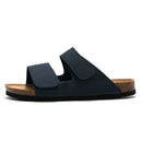 Navy sandal with a brown sole on a white background, Obroi