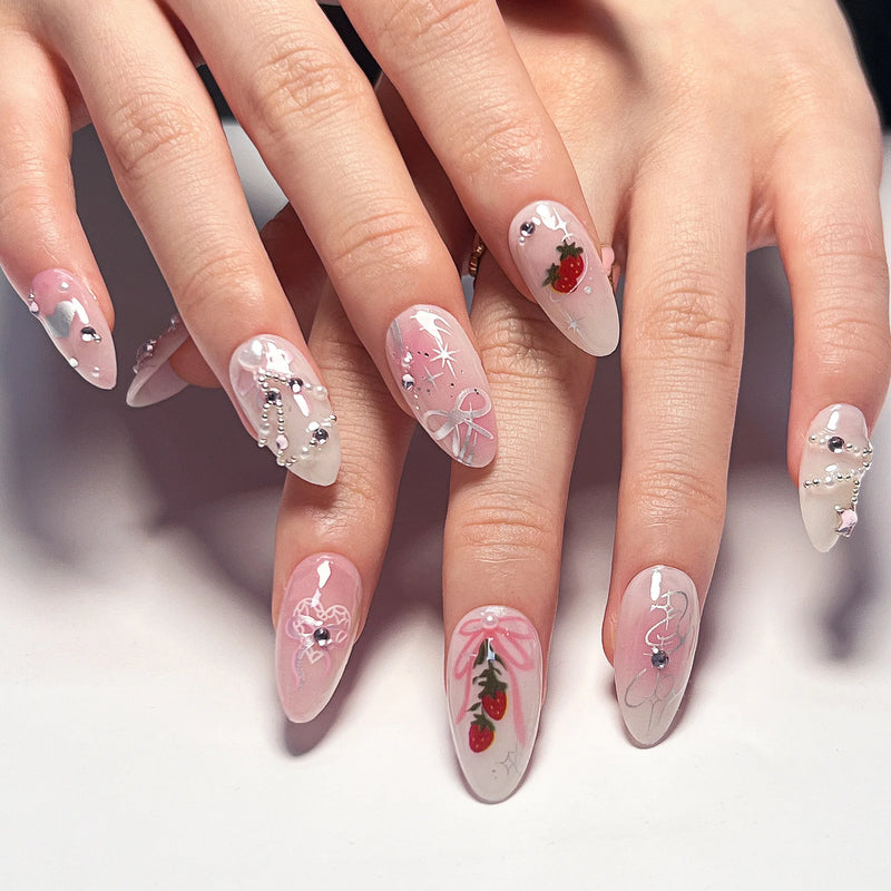 Blue Flowers White French Nail Art Almond False Nails Detachable Finished Fake Nails Press on Nails