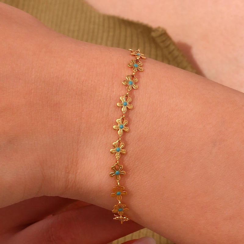 Elegant blue enamel floral handmade chain Bracelets stainless steel women's jewelry