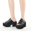 Heels Sandals for Women Open Toe Heels Cute Slip-on Mule Shoes Belt Buckle Black Leather