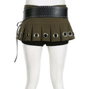 Vintage Punk Belt Low Rise Pleated Skirt Women Hottie Super Short Eyelet Party Summer Skirts 90s Mini