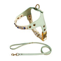Mint green dog harness and leash set with decorative elements on a white background, Obroi