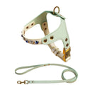 Mint green dog harness and leash set with decorative elements on a white background, Obroi