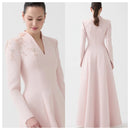 Customized Customized Delicate Pink Jersey Evening Dress V-Neck Long Sleeves Celebrity Gowns Appliques Elegant Bespoke Occasion