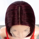 Mannequin head with burgundy wig and clear lace front on a white background, Obroi