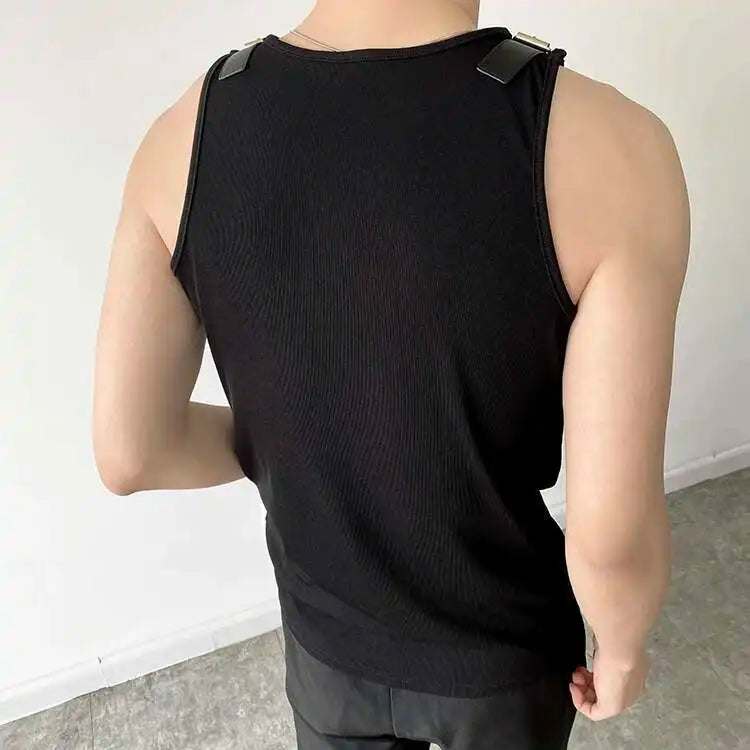 Personalized Design Men Leather Shoulder Loop Casual Knitted Sleeveless Summer