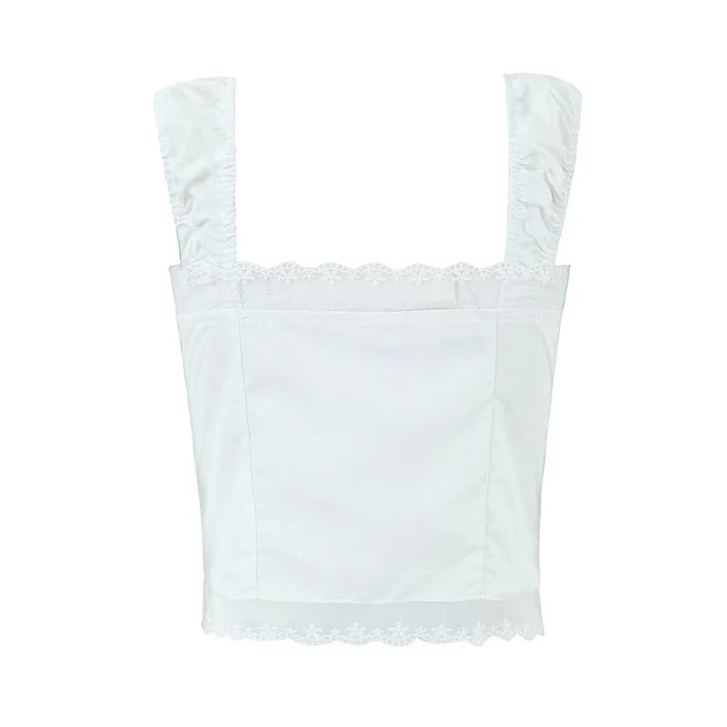 Women Lace Patchwork White Tank Top Front Bandage Summer Crop Top Cotton