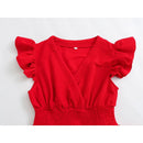 Summer Women Cross V Neck Flying Sleeve Red Party Dress Vintage Elastic Waist Mini Ladies Elegant Dresses