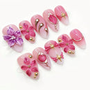 24PCS Pink Almond Press on Nails Flower Gold Line Pearl Decor French Sweet Elegant Reusable Acrylic Nails