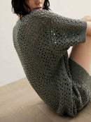 Women Sequins Out Knit Robe Two Pieces Set Female Short Sleeve Round Neck Mini Dresses