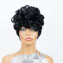 A short, voluminous black curly wig displayed on a mannequin head against a light gray background, Obroi