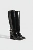 Women's Black Patent Leather Boots Rhinestone Square Buckle Decor Round Toe Side Zipper Long Boots