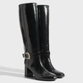 Women's Black Patent Leather Boots Rhinestone Square Buckle Decor Round Toe Side Zipper Long Boots