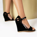 Women Sandals Buckles Suede Open Toe 10cm Wedge Heels